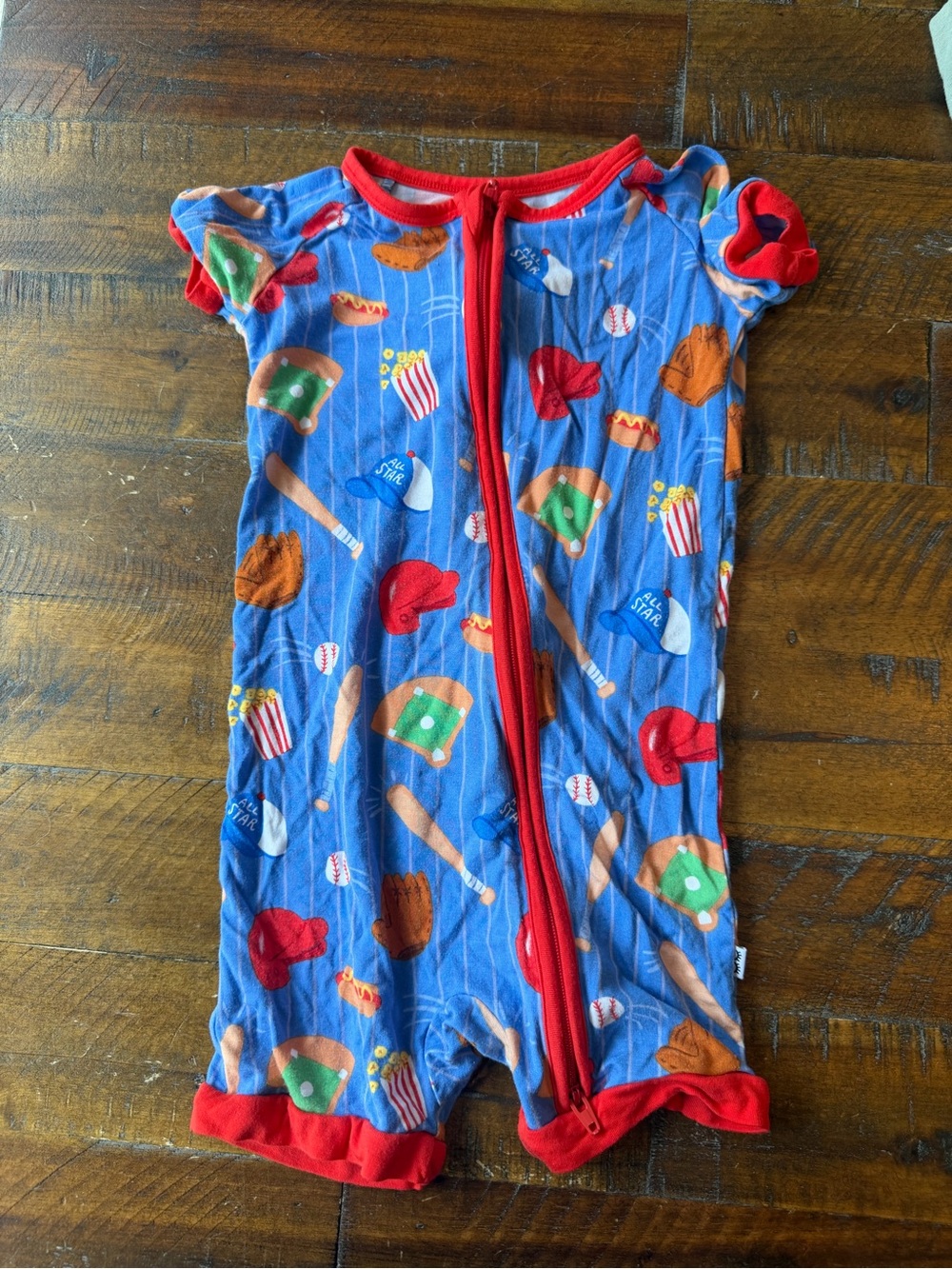 Little Sleepies Blue Baseball Print One-Piece with Red Trim